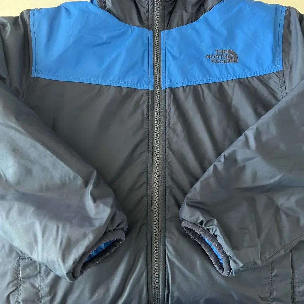 The North Face Boys Medium Reversible Puffer Fleece Jacket Navy Blue Hooded